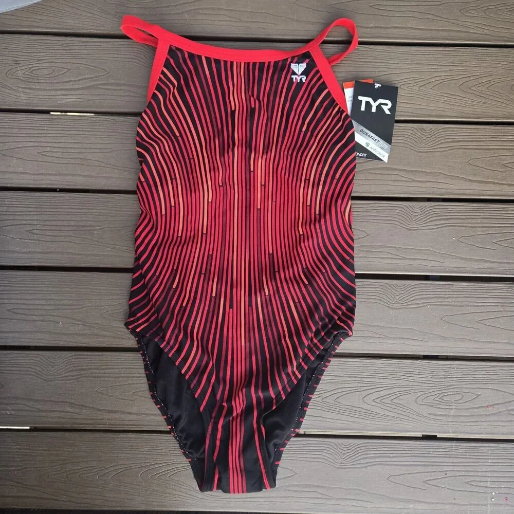TYR Women's Durafast Elite Supersonic Red Striped DiamondFit 1 Pc Swim Sz 34 NEW